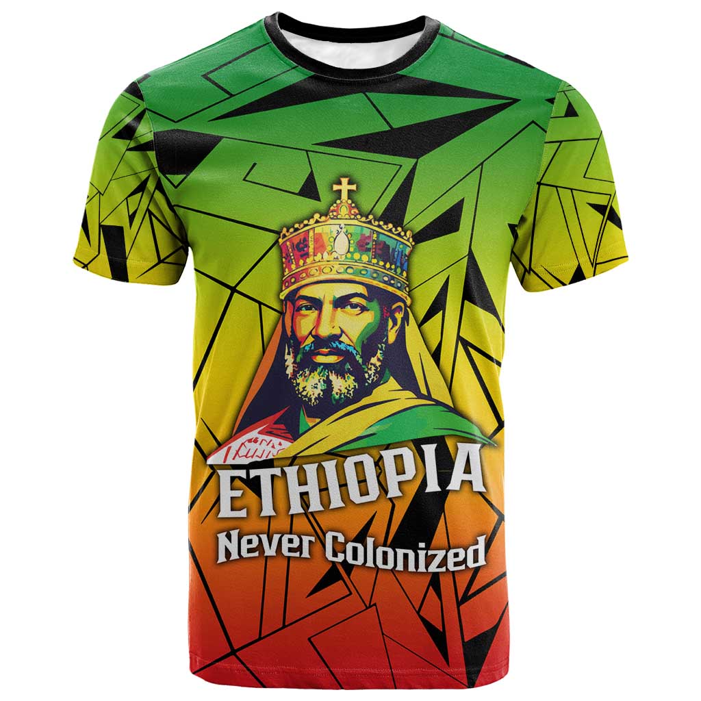 Menelik II T-Shirt with Crowned Portrait, Ethiopia Never Colonized Text and Pan-African Abstract Graphic Tee