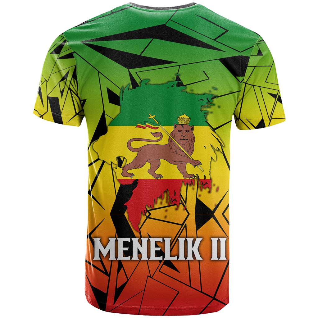 Menelik II T-Shirt with Crowned Portrait, Ethiopia Never Colonized Text and Pan-African Abstract Graphic Tee