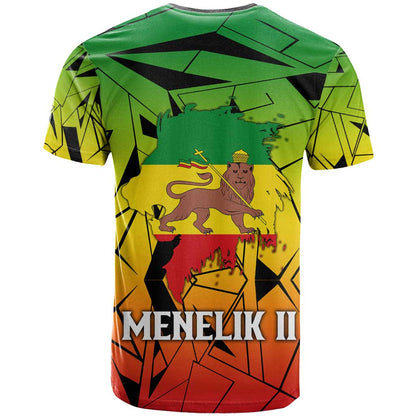 Menelik II T-Shirt with Crowned Portrait, Ethiopia Never Colonized Text and Pan-African Abstract Graphic Tee