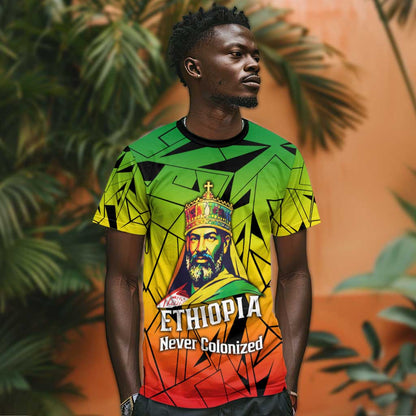 Menelik II T-Shirt with Crowned Portrait, Ethiopia Never Colonized Text and Pan-African Abstract Graphic Tee