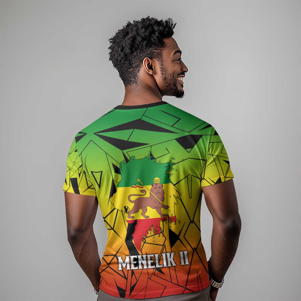 Menelik II T-Shirt with Crowned Portrait, Ethiopia Never Colonized Text and Pan-African Abstract Graphic Tee