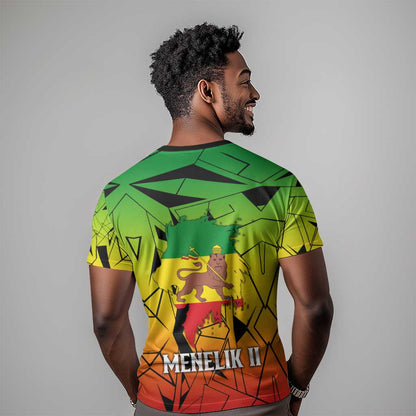 Menelik II T-Shirt with Crowned Portrait, Ethiopia Never Colonized Text and Pan-African Abstract Graphic Tee