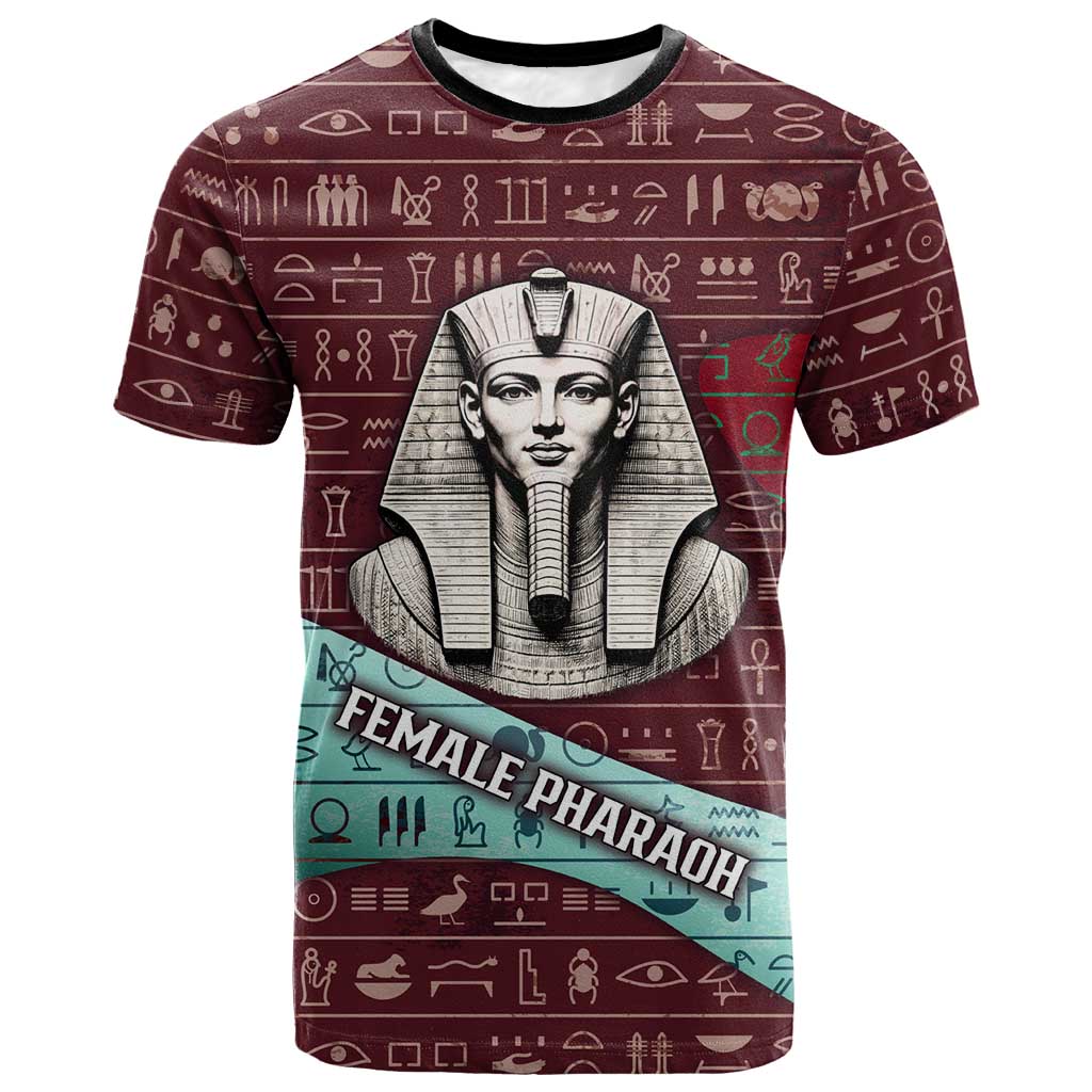Hatshepsut T-Shirt with Pharaoh Bust Illustration, Female Pharaoh Title and Egyptian Hieroglyph Graphic Tee