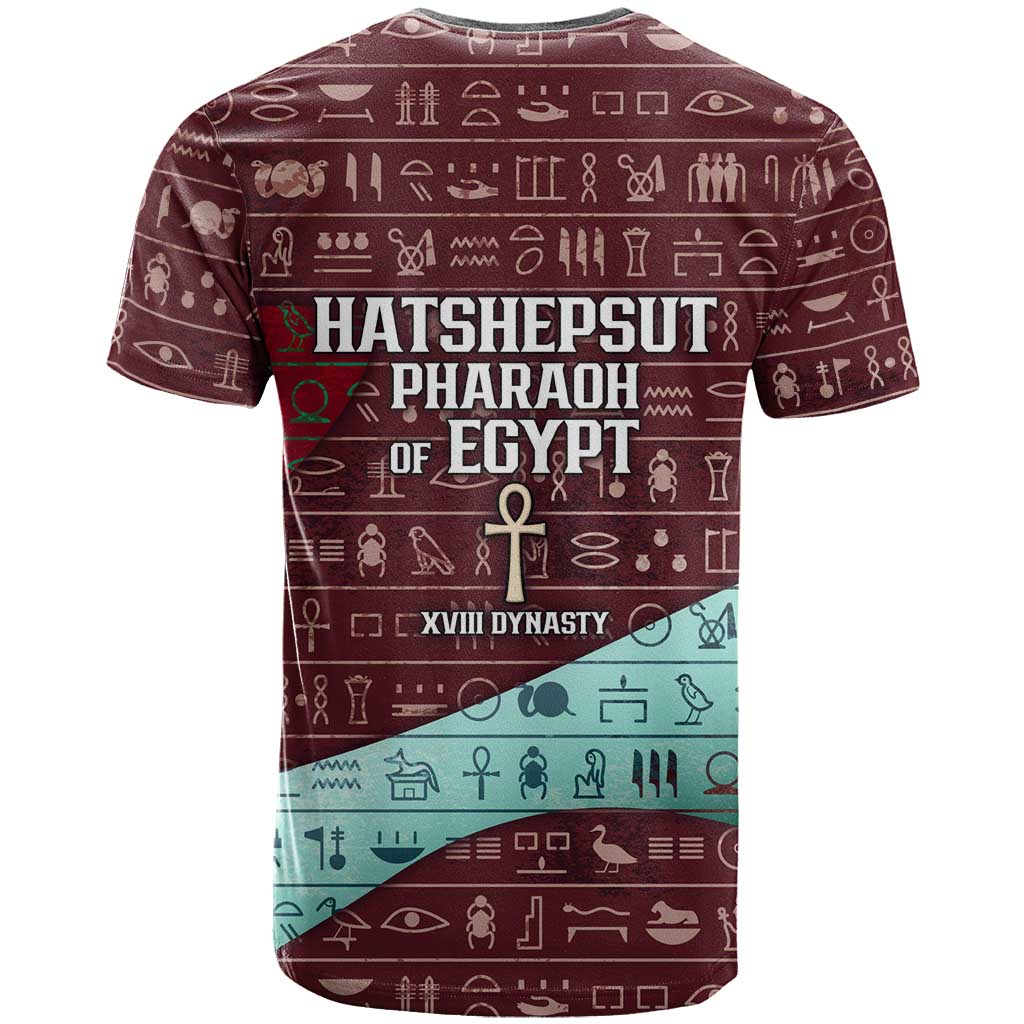 Hatshepsut T-Shirt with Pharaoh Bust Illustration, Female Pharaoh Title and Egyptian Hieroglyph Graphic Tee