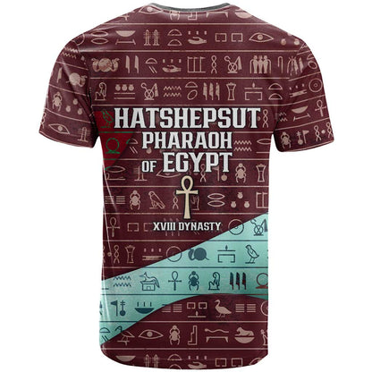 Hatshepsut T-Shirt with Pharaoh Bust Illustration, Female Pharaoh Title and Egyptian Hieroglyph Graphic Tee