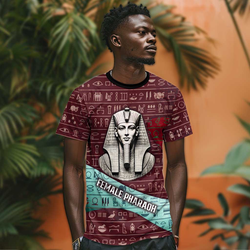 Hatshepsut T-Shirt with Pharaoh Bust Illustration, Female Pharaoh Title and Egyptian Hieroglyph Graphic Tee