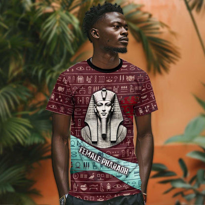 Hatshepsut T-Shirt with Pharaoh Bust Illustration, Female Pharaoh Title and Egyptian Hieroglyph Graphic Tee