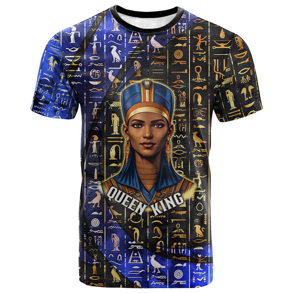 Hatshepsut T-Shirt with Queen King Portrait, Temple Illustration and Blue-Gold Hieroglyphic Graphic Tee