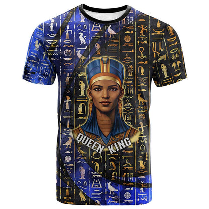 Hatshepsut T-Shirt with Queen King Portrait, Temple Illustration and Blue-Gold Hieroglyphic Graphic Tee