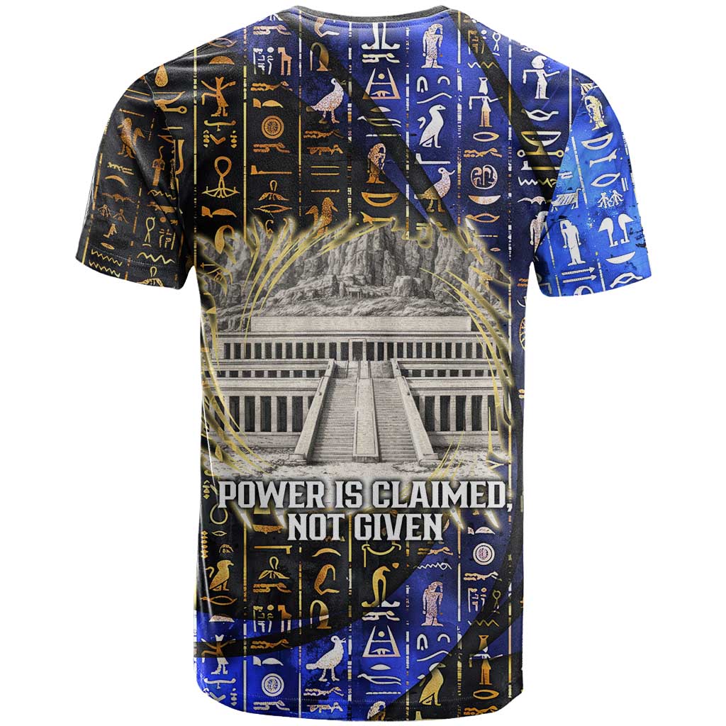 Hatshepsut T-Shirt with Queen King Portrait, Temple Illustration and Blue-Gold Hieroglyphic Graphic Tee