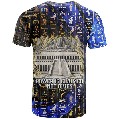 Hatshepsut T-Shirt with Queen King Portrait, Temple Illustration and Blue-Gold Hieroglyphic Graphic Tee
