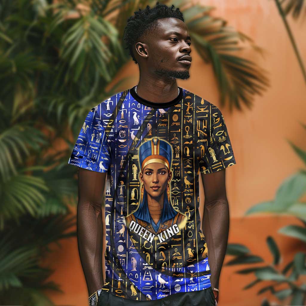 Hatshepsut T-Shirt with Queen King Portrait, Temple Illustration and Blue-Gold Hieroglyphic Graphic Tee