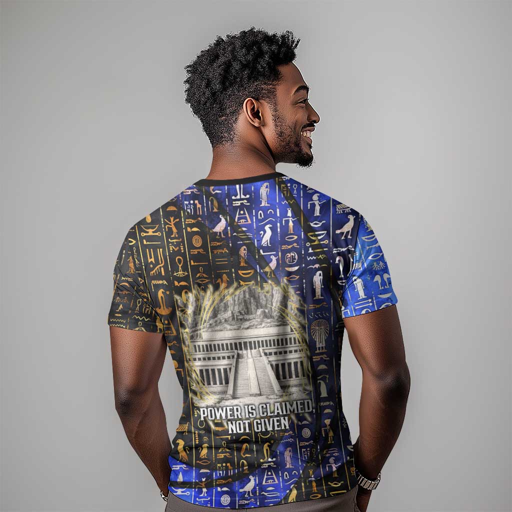 Hatshepsut T-Shirt with Queen King Portrait, Temple Illustration and Blue-Gold Hieroglyphic Graphic Tee