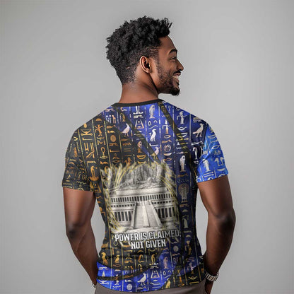 Hatshepsut T-Shirt with Queen King Portrait, Temple Illustration and Blue-Gold Hieroglyphic Graphic Tee