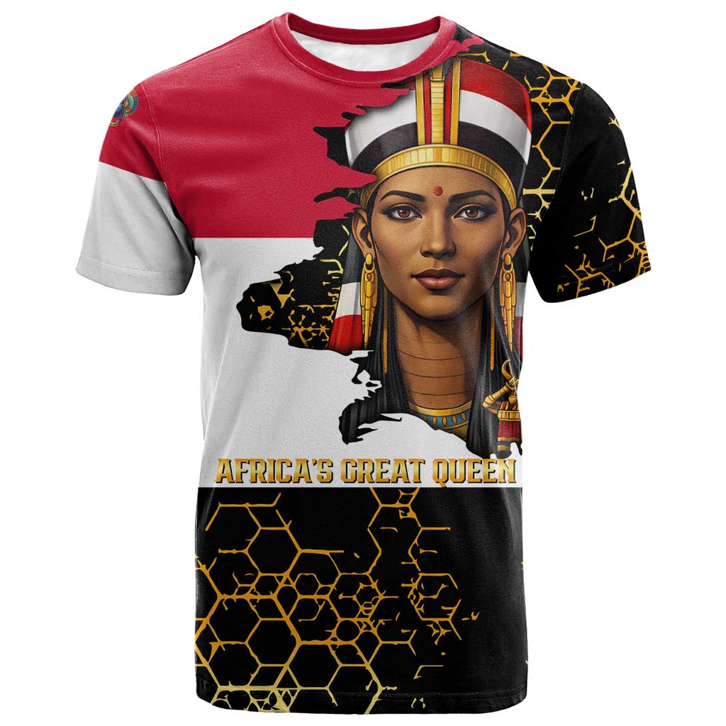 Hatshepsut T-Shirt with Royal Portrait, Pre-Colonial Empires Text and Red-Black Honeycomb Graphic Tee