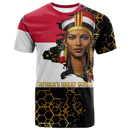 Hatshepsut T-Shirt with Royal Portrait, Pre-Colonial Empires Text and Red-Black Honeycomb Graphic Tee