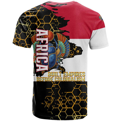 Hatshepsut T-Shirt with Royal Portrait, Pre-Colonial Empires Text and Red-Black Honeycomb Graphic Tee