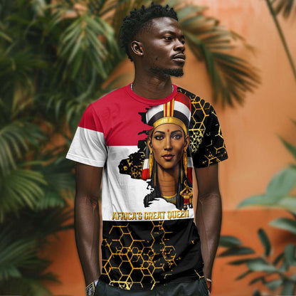 Hatshepsut T-Shirt with Royal Portrait, Pre-Colonial Empires Text and Red-Black Honeycomb Graphic Tee