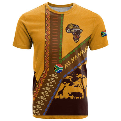 Tribal Africa Heritage with South Africa Flag T-Shirt Wildlife Silhouettes in Earthy Yellow and Brown Graphic Tee