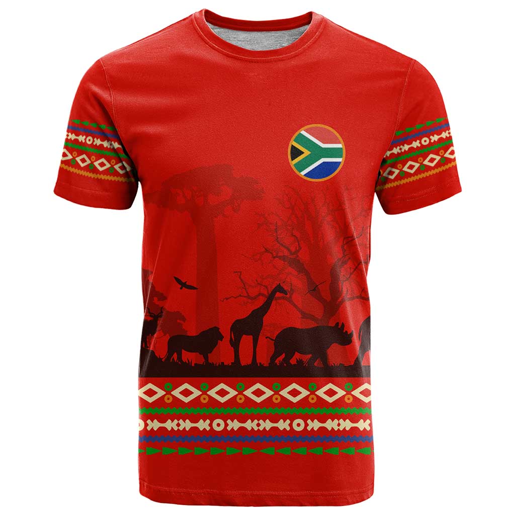 South Africa Wildlife T-Shirt Tribal Pattern with National Flag and Safari Silhouettes Graphic Tee