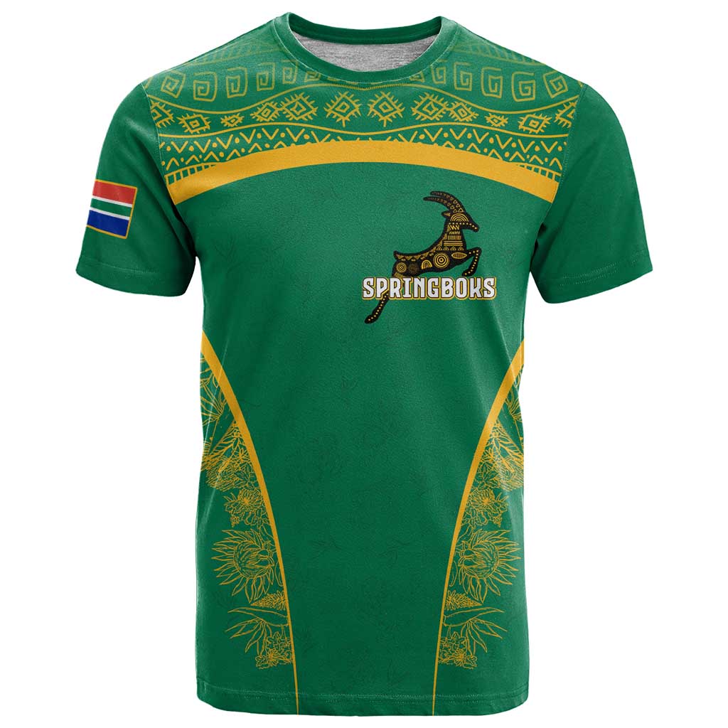 South Africa Springboks T-Shirt with Tribal Antelope Design and Floral Accents Graphic Tee