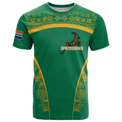 South Africa Springboks T-Shirt with Tribal Antelope Design and Floral Accents Graphic Tee
