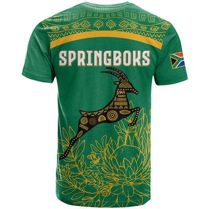 South Africa Springboks T-Shirt with Tribal Antelope Design and Floral Accents Graphic Tee