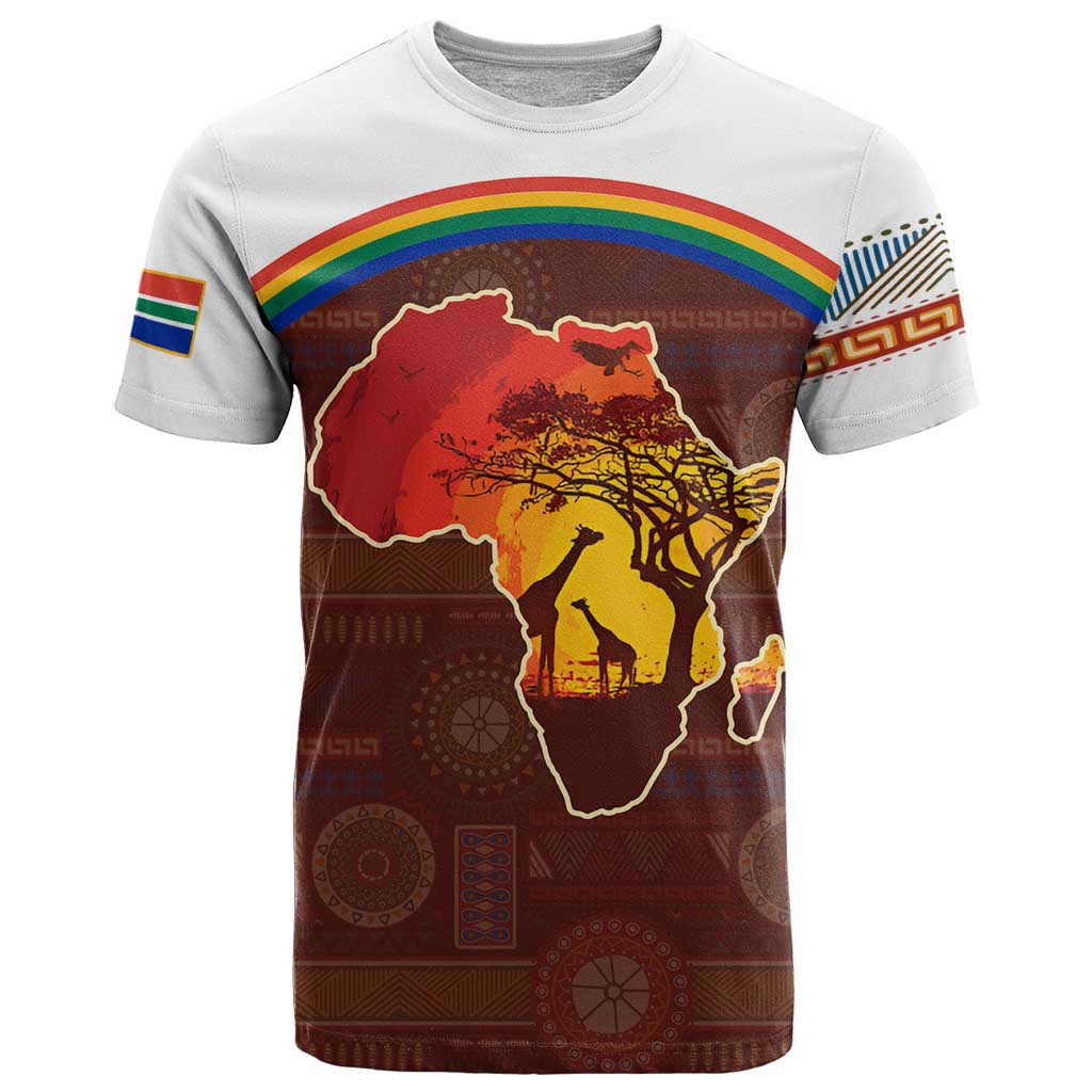 African Sunset Heritage T-Shirt Tribal Pattern with Continent Silhouette, Rainbow Arc & Safari Scene Graphic Tee