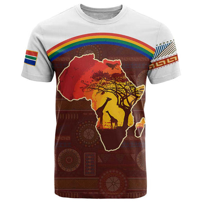 African Sunset Heritage T-Shirt Tribal Pattern with Continent Silhouette, Rainbow Arc & Safari Scene Graphic Tee