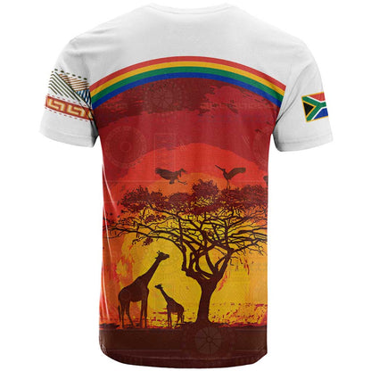 African Sunset Heritage T-Shirt Tribal Pattern with Continent Silhouette, Rainbow Arc & Safari Scene Graphic Tee