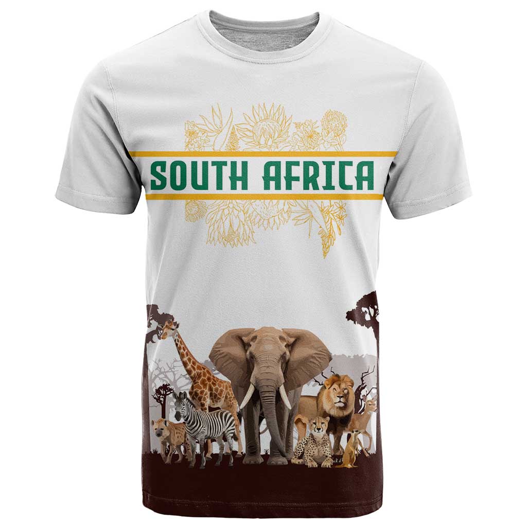 South Africa Wildlife Pride T-Shirt Big Five with National Flag and Protea Floral Accent Graphic Tee
