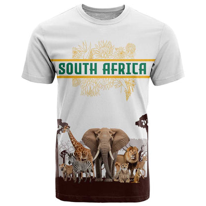 South Africa Wildlife Pride T-Shirt Big Five with National Flag and Protea Floral Accent Graphic Tee
