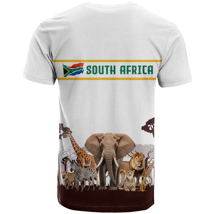 South Africa Wildlife Pride T-Shirt Big Five with National Flag and Protea Floral Accent Graphic Tee