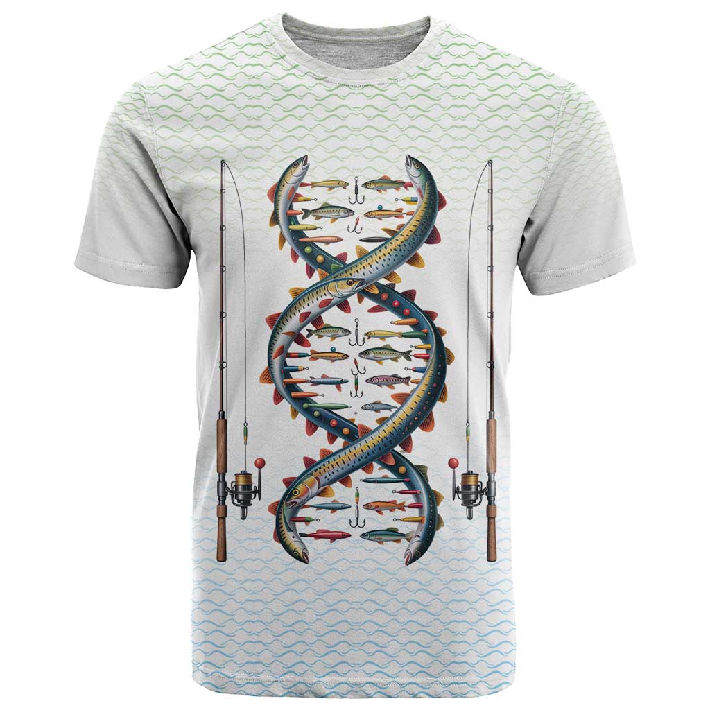 Fishing DNA T-Shirt Colorful Fish Illustrations on White Scale For Fisherman Graphic Tee