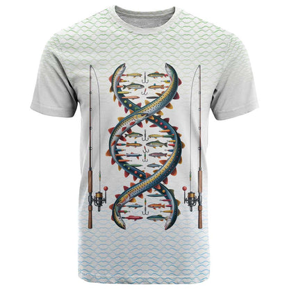 Fishing DNA T-Shirt Colorful Fish Illustrations on White Scale For Fisherman Graphic Tee