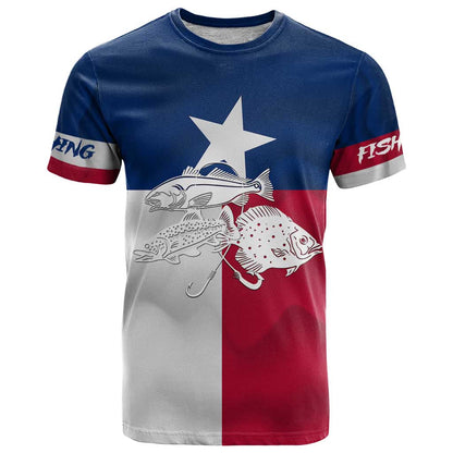 Custom Texas Fishing T-Shirt Hooked Fish Graphic - Red White and Blue Theme Graphic Tee