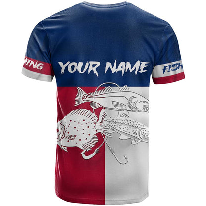 Custom Texas Fishing T-Shirt Hooked Fish Graphic - Red White and Blue Theme Graphic Tee
