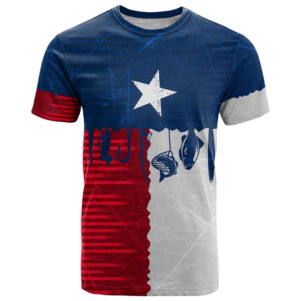 Flag Texas Fishing T-Shirt Personalized Hanging Fish and Hooks Graphic Graphic Tee