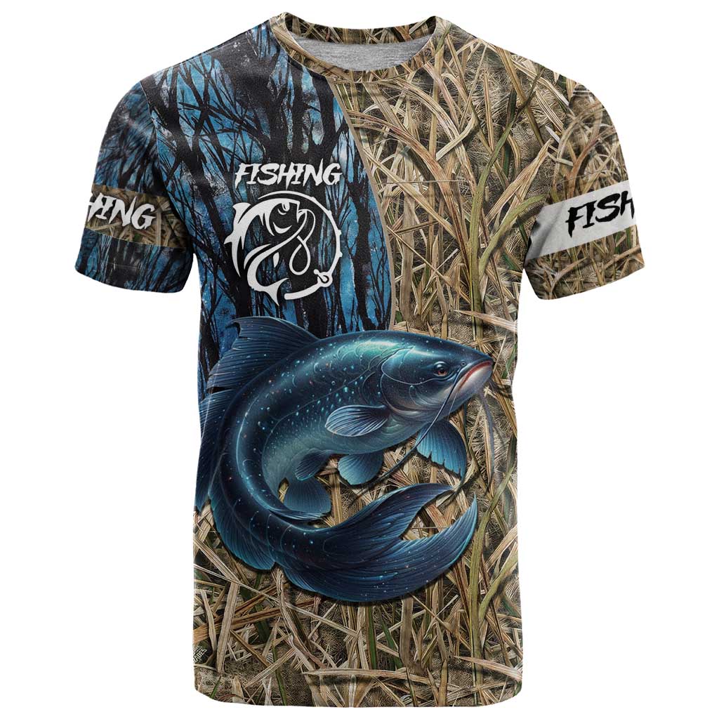 Catfish Fishing Personalized T-Shirt Blue Bass and Camo Reeds Background Graphic Tee