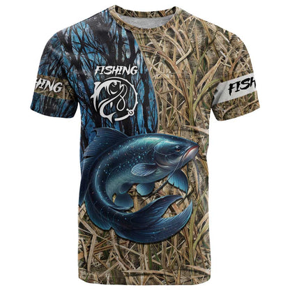 Catfish Fishing Personalized T-Shirt Blue Bass and Camo Reeds Background Graphic Tee