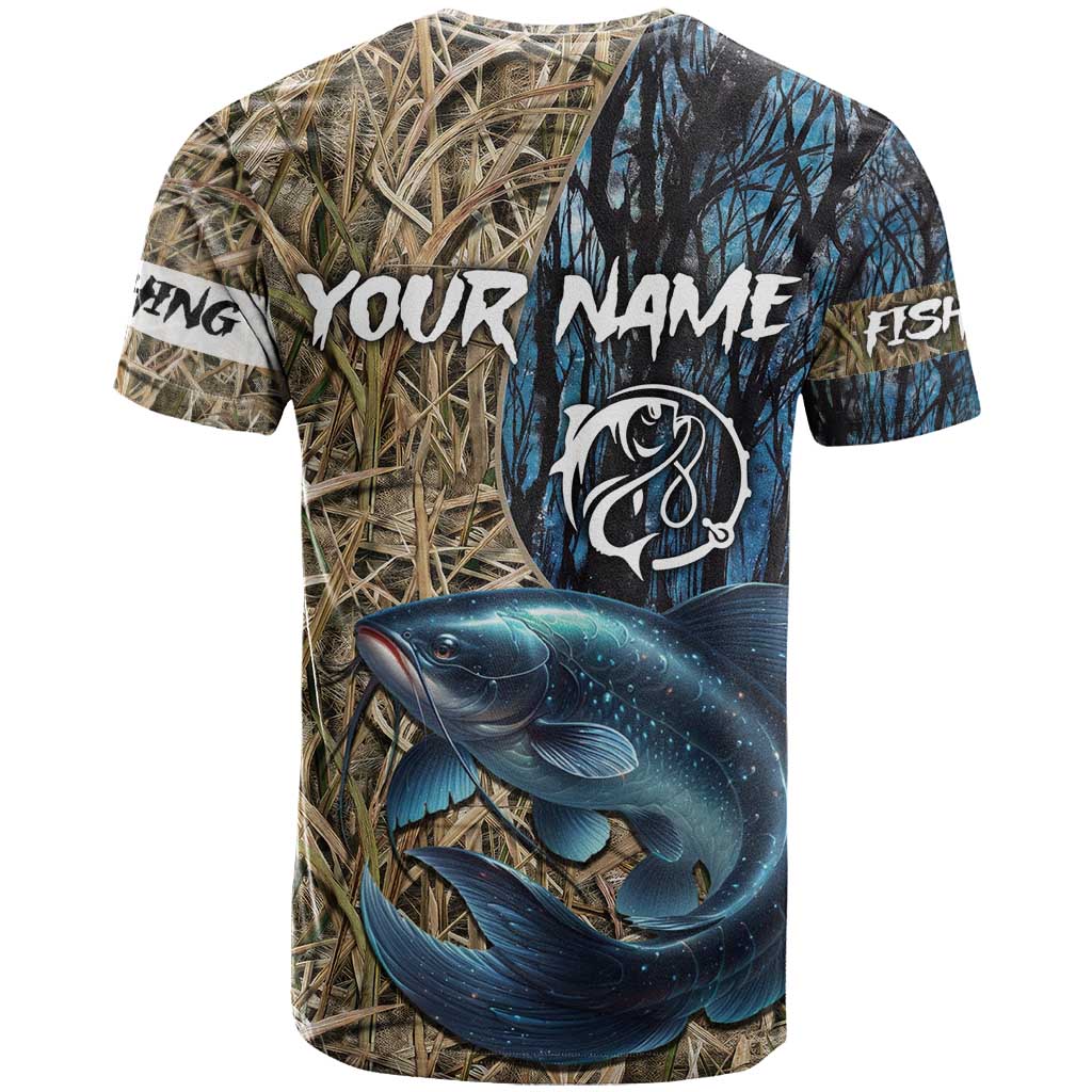 Catfish Fishing Personalized T-Shirt Blue Bass and Camo Reeds Background Graphic Tee