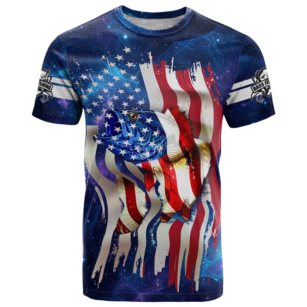 Bass Fishing T-Shirt American Flag Patriotic and Cosmic Galaxy in Blue Red Graphic Tee