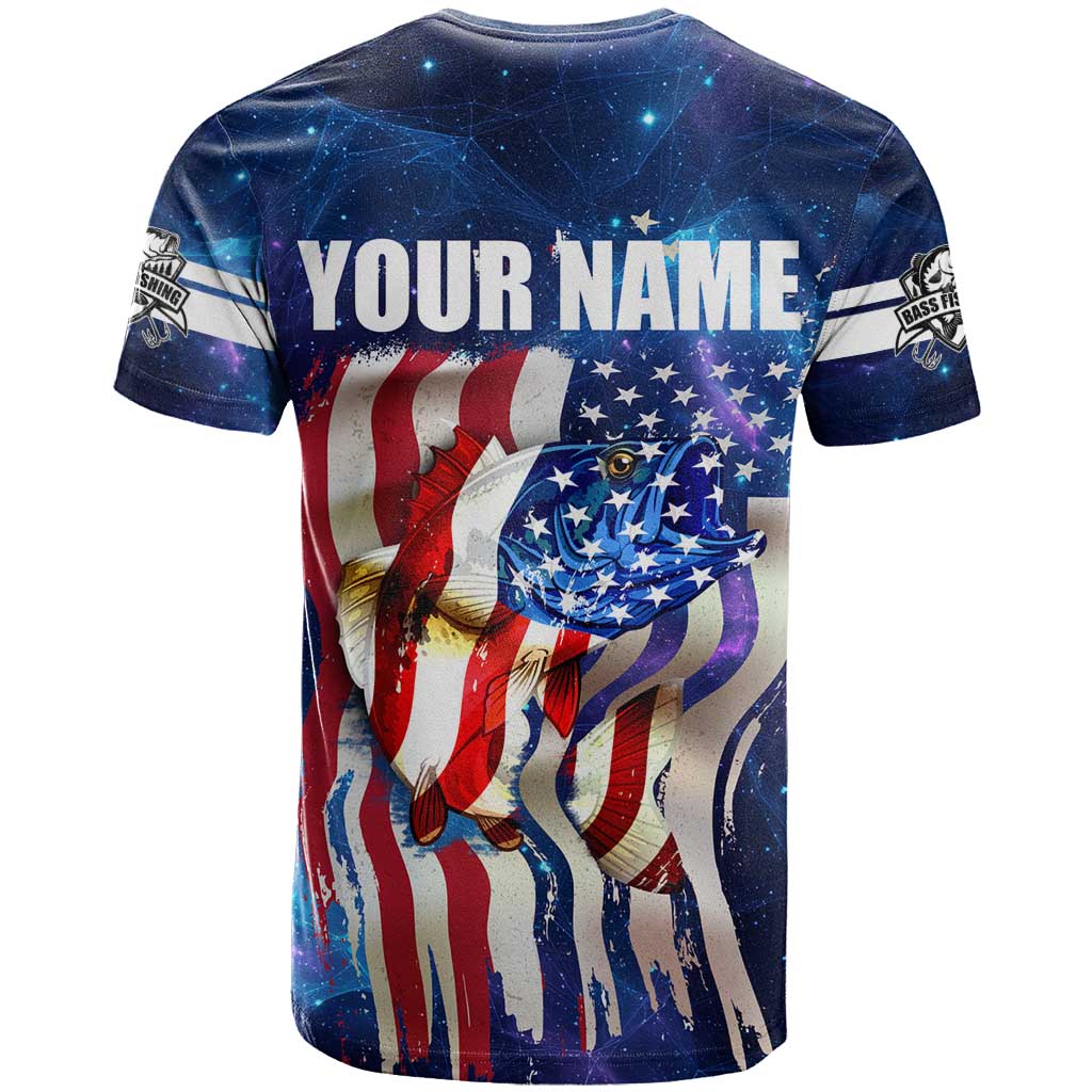 Bass Fishing T-Shirt American Flag Patriotic and Cosmic Galaxy in Blue Red Graphic Tee