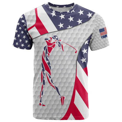 Personalized American Flag Golf T-Shirt Female Silhouette and Red White Blue Golf Bag Graphic Graphic Tee
