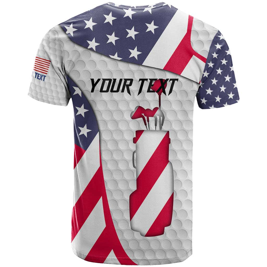Personalized American Flag Golf T-Shirt Female Silhouette and Red White Blue Golf Bag Graphic Graphic Tee
