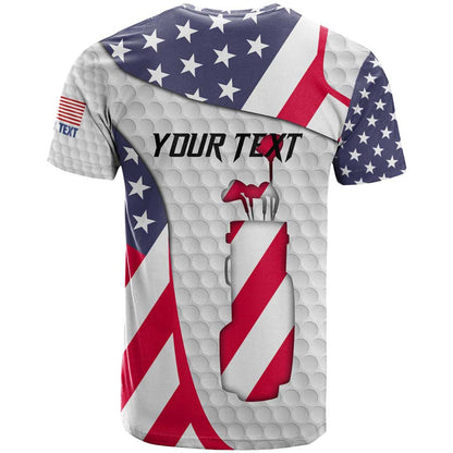 Personalized American Flag Golf T-Shirt Female Silhouette and Red White Blue Golf Bag Graphic Graphic Tee