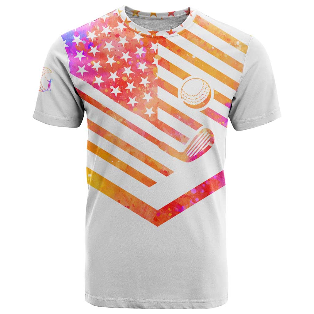 USA Golf Design T-Shirt Watercolor Female Silhouette and Orange Gradient Flag and Ball Pattern Graphic Tee