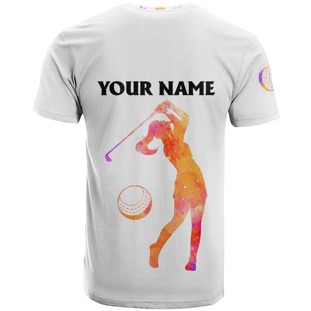 USA Golf Design T-Shirt Watercolor Female Silhouette and Orange Gradient Flag and Ball Pattern Graphic Tee