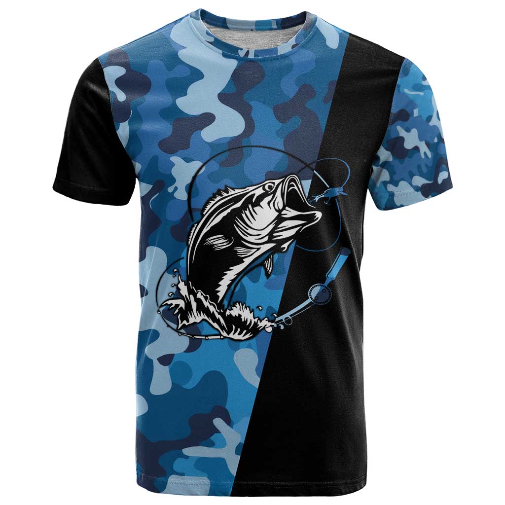 Custom Blue Camo Bass Fishing T-Shirt Fishing Rod Graphic Design Graphic Tee