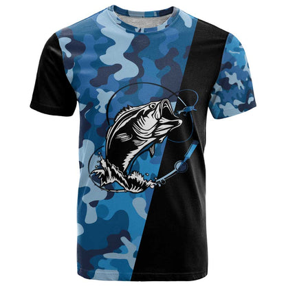 Custom Blue Camo Bass Fishing T-Shirt Fishing Rod Graphic Design Graphic Tee